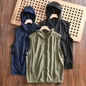 薄款 出口日单 外贸男士 夏季 透气速干连帽马甲外套 户外网面拼接