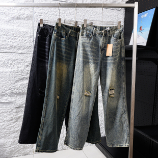 水洗做旧宽松直筒休闲牛仔裤 日单外贸 男士 新品 潮 复古破洞设计