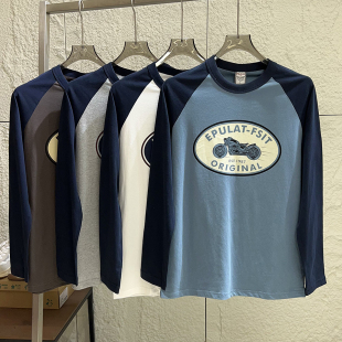 男士 秋季 时尚 休闲撞色插肩袖 T恤 阿美咔叽 圆领长袖 全棉水洗磨毛