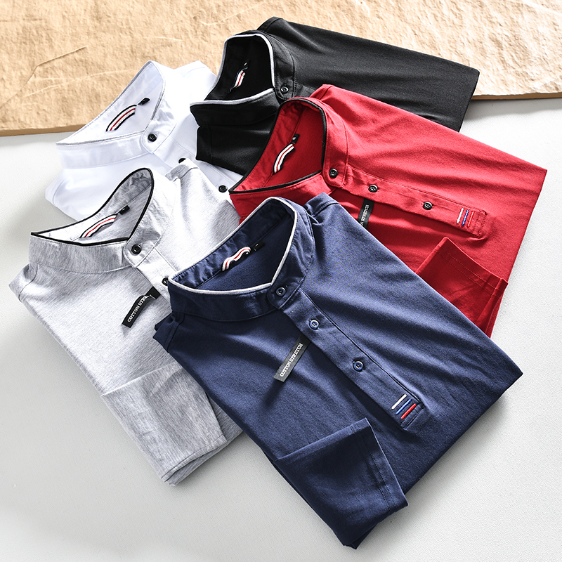 透气珠地棉柔软亨利领长袖T恤