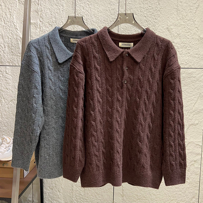 男士复古绞花宽松休闲翻领针织衫
