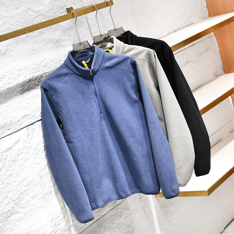 高密华夫格休闲半拉练加绒卫衣