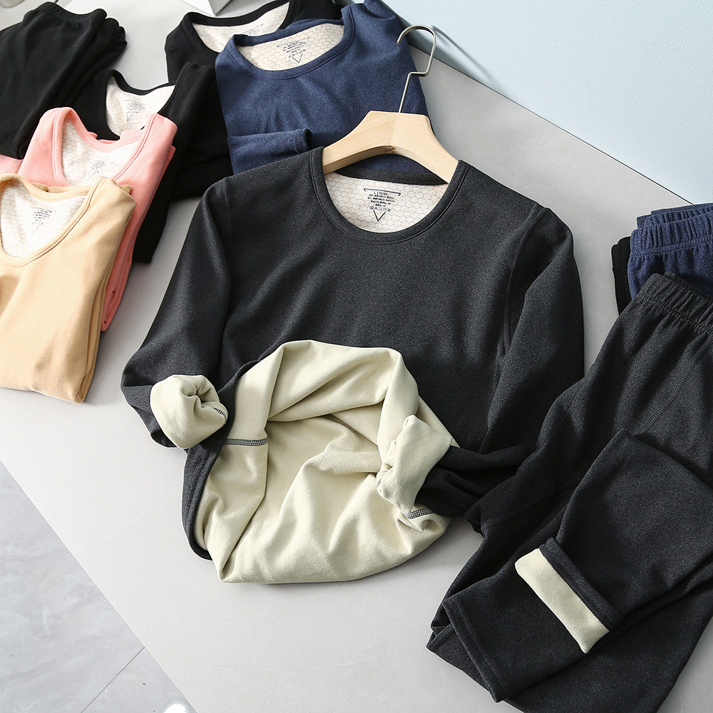 情侣绵羊毛+桑蚕丝纯色保暖套装