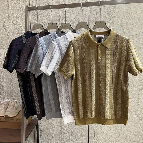 老钱风条纹翻领男短袖针织POLO衫