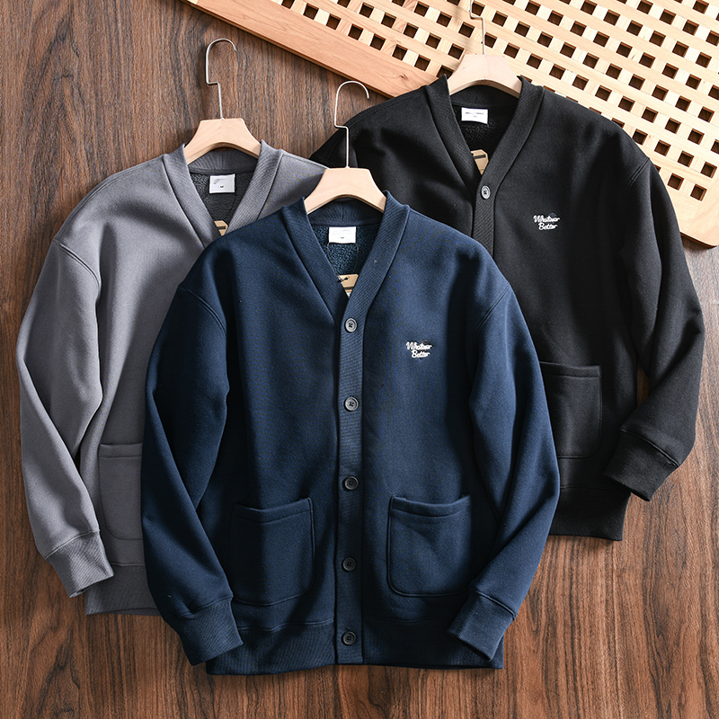 男士秋冬加绒保暖V领开衫外套