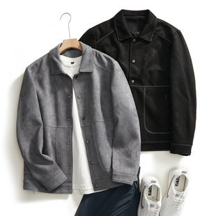 线下1599！细腻麂皮绒！春季新款男士时尚休闲明辑线翻领夹克外套