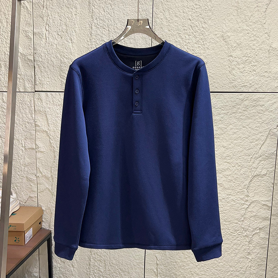 英国外贸 水洗棉混加绒保暖高弹秋冬男复古休闲亨利领长袖T恤打底