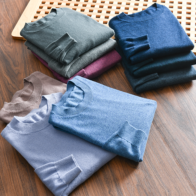 秋冬100羊毛套头圆领针织衫