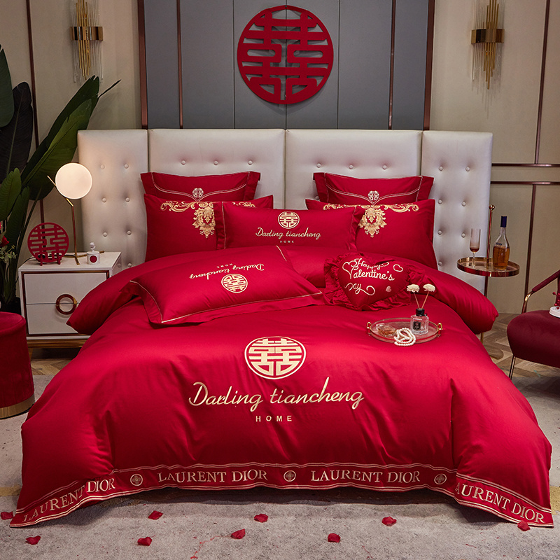 全棉婚庆四件套大红色刺绣结婚床单床上用品新婚婚房喜被套件龙凤