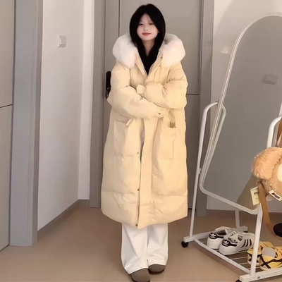 大毛领羽绒棉服女中长款2
