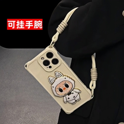 拉布布补妆镜子支架适用苹果16promax手机壳15plus四角可挂14pro手拎绳iPhone13防摔12腕带11精孔7p软套xsmax