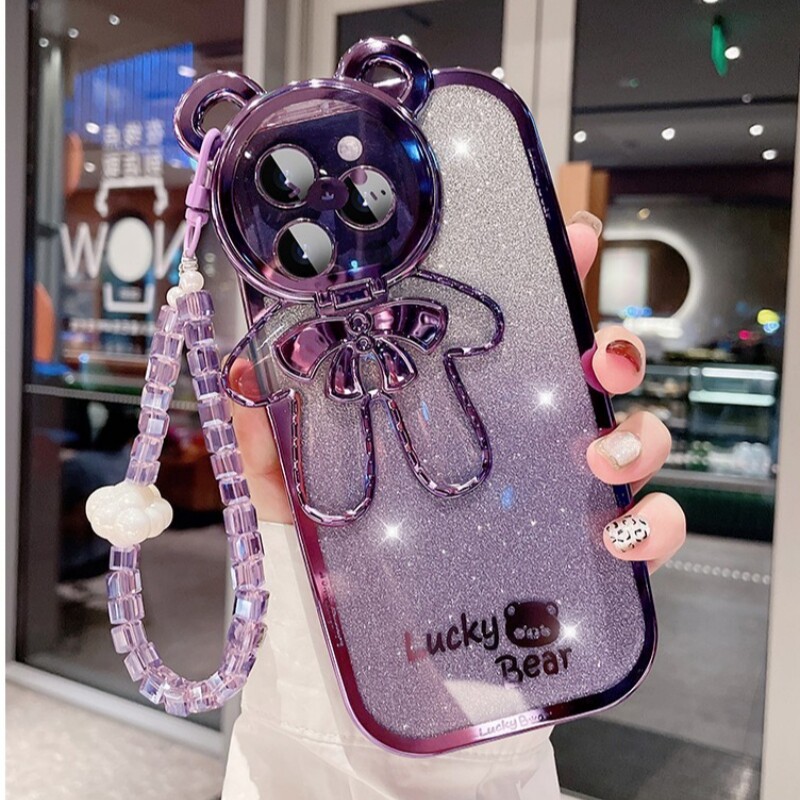 云朵水晶挂绳适用苹果16promax手机壳新款渐变闪粉iPhone15女款11镜头盖支架14可爱熊12高级感8plus精孔xs潮7