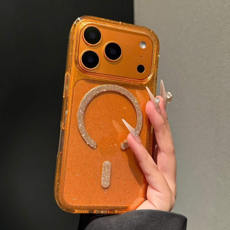 轻奢闪粉高透磁吸适用苹果17promax手机壳iPhone16promax大孔15pro抗黄14PC硬壳13pro保护套12男款11防指纹