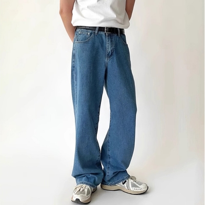 日系水洗深蓝色牛仔裤男潮牌宽松