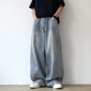 宽松垂感廓形裤 美式 子 男女复古直筒阔腿长裤 日系水洗浅蓝色牛仔裤
