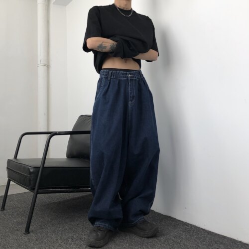 大码牛仔裤男阔腿阔腿裤子松紧腰