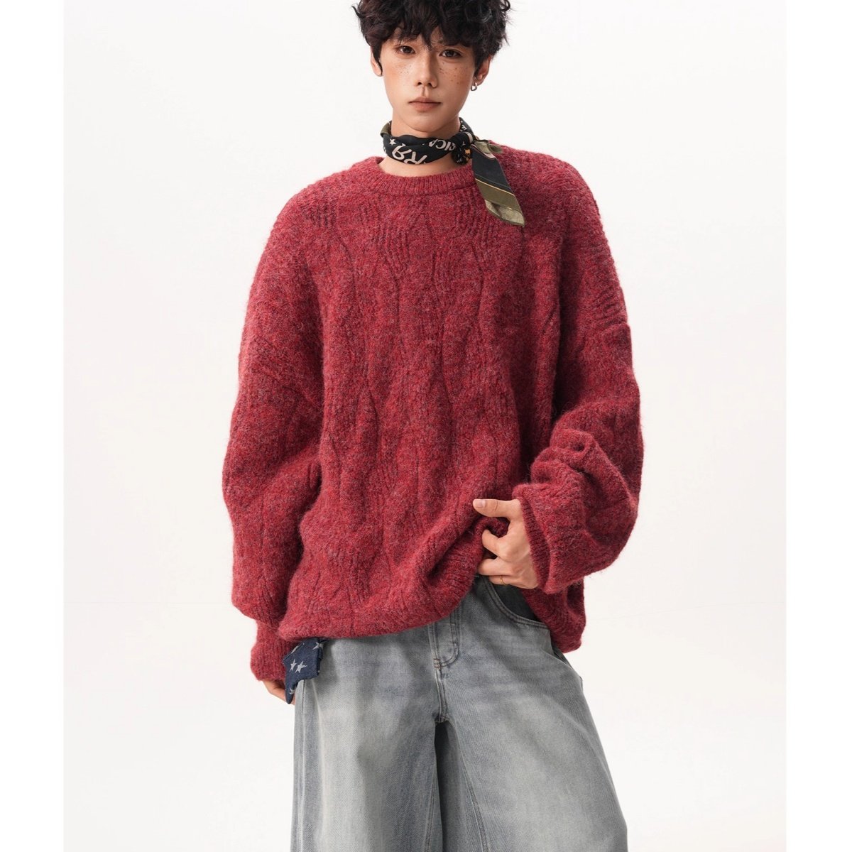 复古氛围感圆领毛衣男女秋冬慵懒感麻花情侣针织外套宽松套头线衣