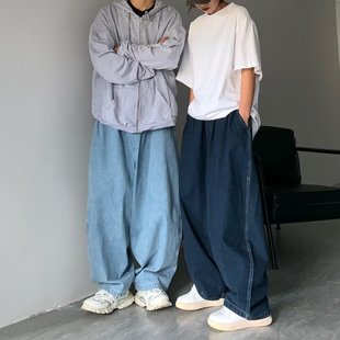 日系ins青春流行直筒坠感大码 子 阔腿裤 男炸街痞帅潮牌宽松牛仔裤