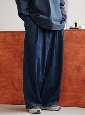 日系大码深蓝色廓形牛仔裤男女宽松阔腿裤cityboy松紧腰松弛长裤