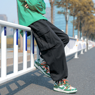 潮牌直筒宽松抽绳束脚裤 日系古着阔腿裤 裤 多口袋工装 子男ins美式