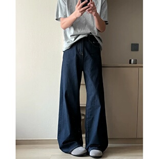 美式简约原色深蓝牛仔裤男潮牌垂感阔腿裤子高街直筒宽松大码长裤