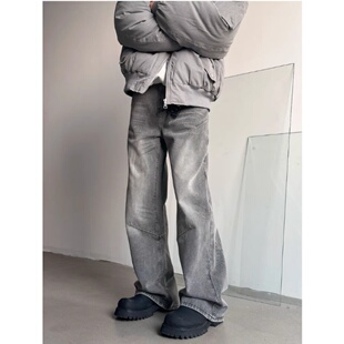 美式高街水洗烟灰牛仔裤男大码宽松直筒裤子ins痞帅垂感拼接长裤