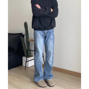 美式 古着浅蓝色水洗做旧vibe风格 微喇牛仔裤 子男高街宽松直筒长裤