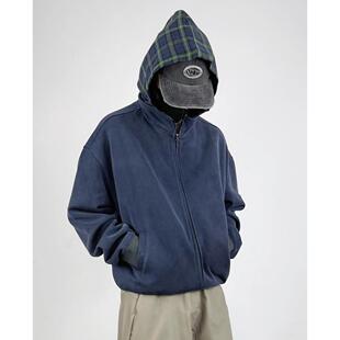 美式复古cleanfit拼接格子连帽拉链卫衣男高街假两件开衫短款外套