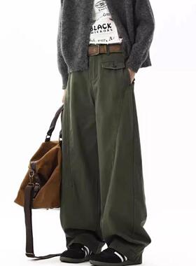 美式军绿色休闲裤男潮牌复古慵懒风古着工装裤子口袋设计感弯刀裤