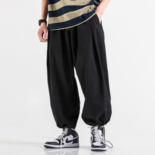 ins高街宽松直筒阔腿九分裤 抽绳束脚哈伦裤 男大码 日系垂感灯笼裤