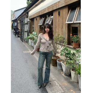 FishCake大码 辣妹纯欲松弛感上衣女胖MM 微胖大U领打结系带打底衫