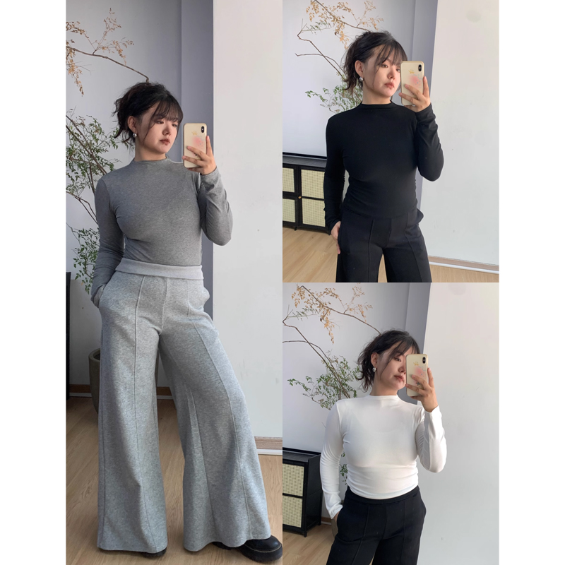 FishCake 大码微胖基础款修身三色打底衫半高领显瘦褶皱女内搭秋