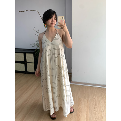 【清仓特价8折】微胖极简风几何印花宽松吊带裙v领法式连衣裙女M