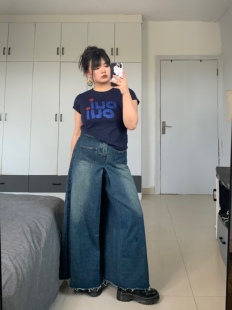 显瘦阔腿牛仔裤 显瘦直筒裤 大码 女微喇微胖拖地长裤 七折清仓