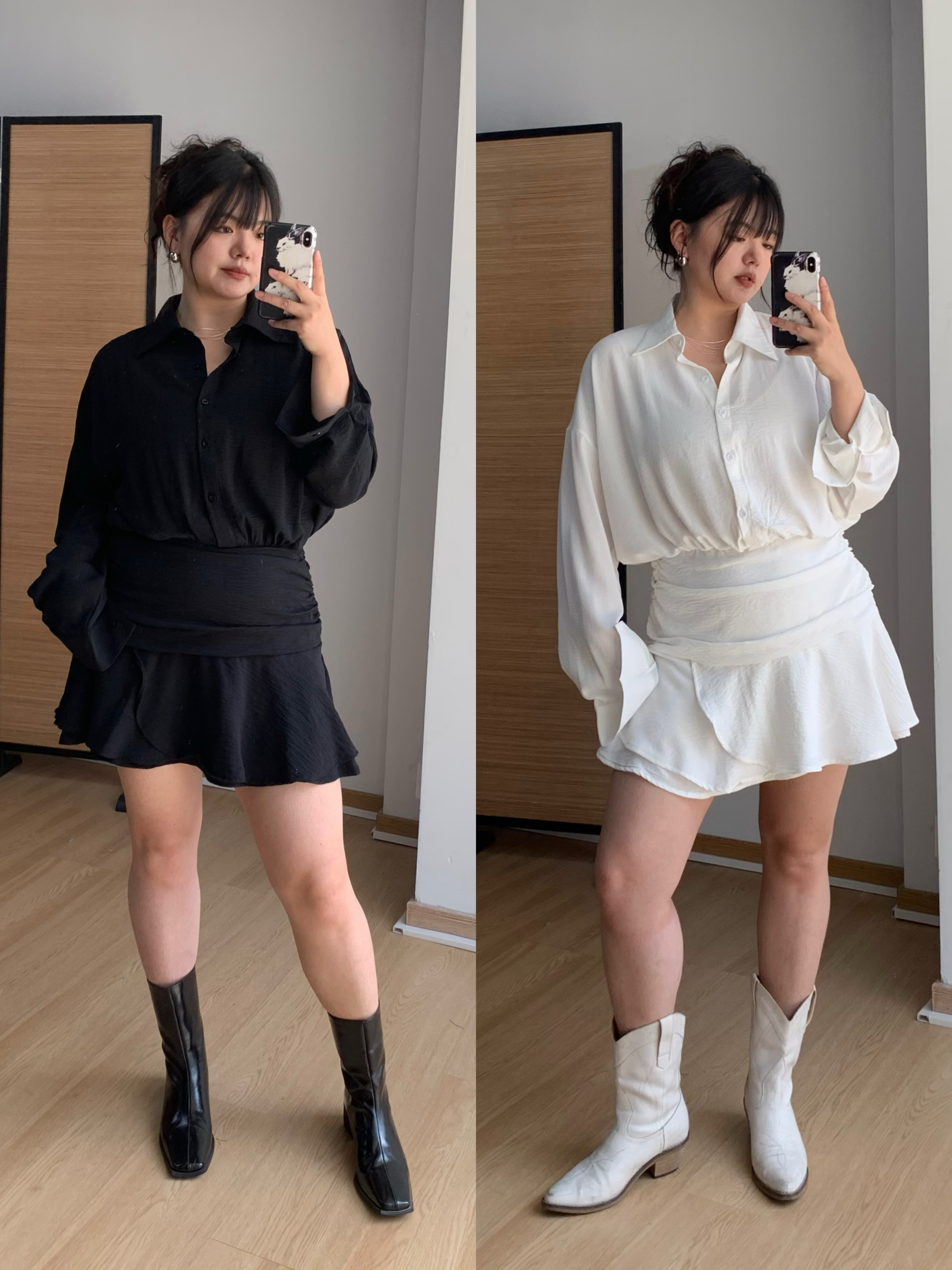 【清仓特价8折】微胖辣妹黑白衬衫裙显瘦收腰连衣裙女短款裙子夏