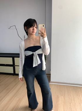 FishCake 大码微胖针织白色开衫长袖上衣设计感绑带抹胸两件套女