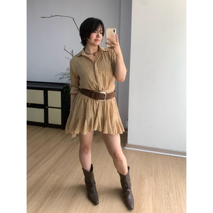 领收腰连衣裙深棕色腰带女1 微胖通勤风职场宽松衬衫 FishCake 大码