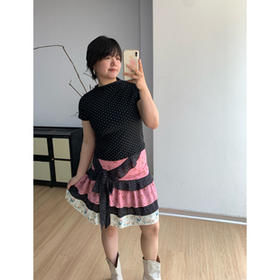 【清仓特价8折】微胖黑色波点短袖T恤上衣撞色粉碎花拼接花边短裙