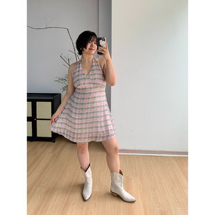 FishCake 纹收腰A字短裙V领挂脖连衣裙女胖MM 大码 微胖甜美风格