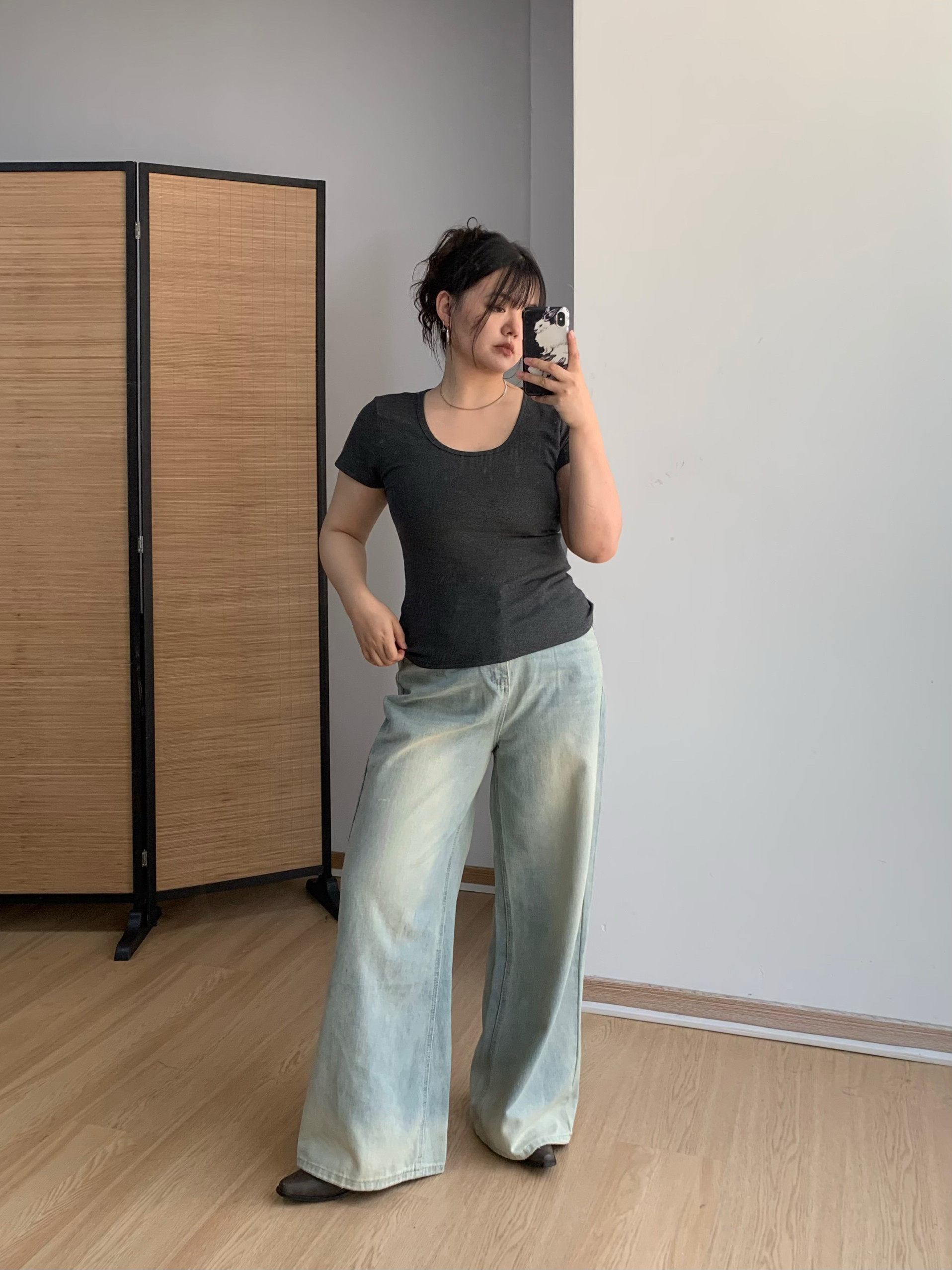 FishCake 大码微胖三色基础款圆领打底T恤正肩修身短袖上衣女胖