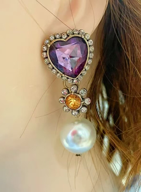 2025新款欧美复古z家紫色爱心宝石黄水晶镶钻长款珍珠耳坠气质女