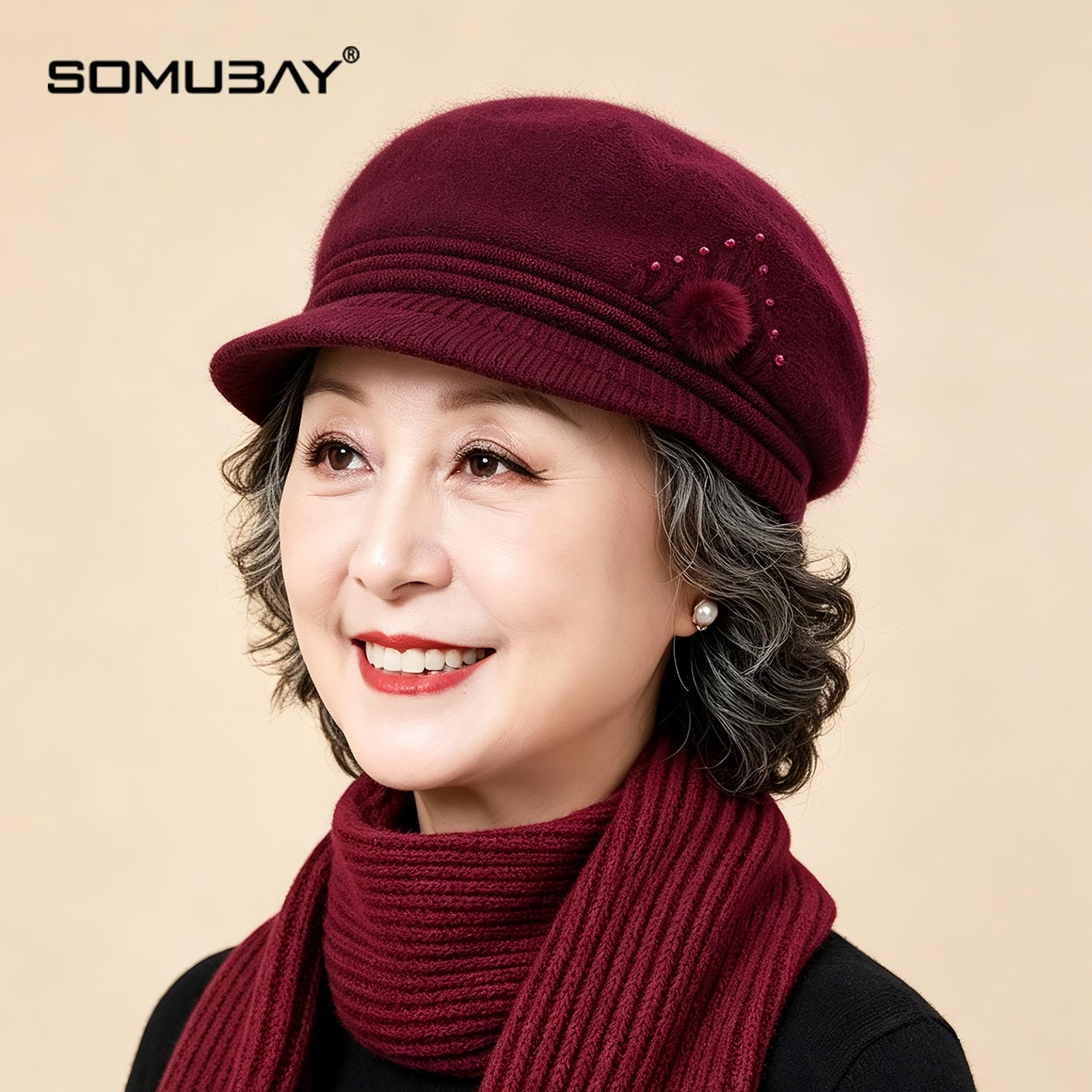 中老年女士红色针织帽妈妈奶奶秋冬保暖防风防寒加绒盆帽毛线帽子
