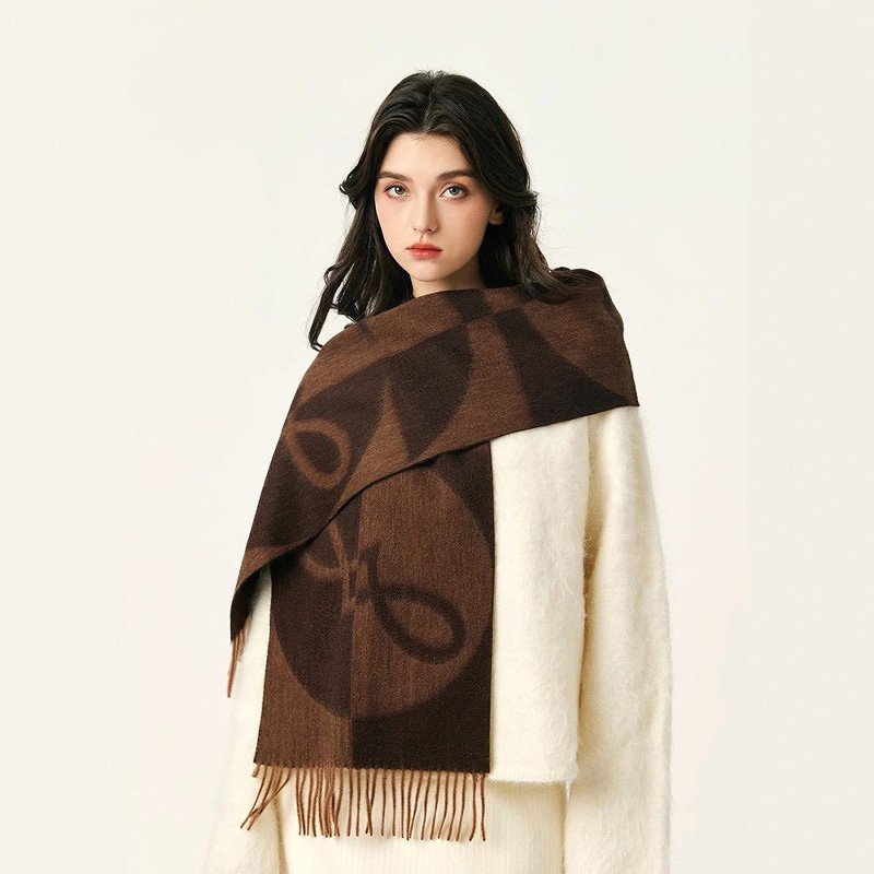 100%羊毛围巾冬季女几何棕色