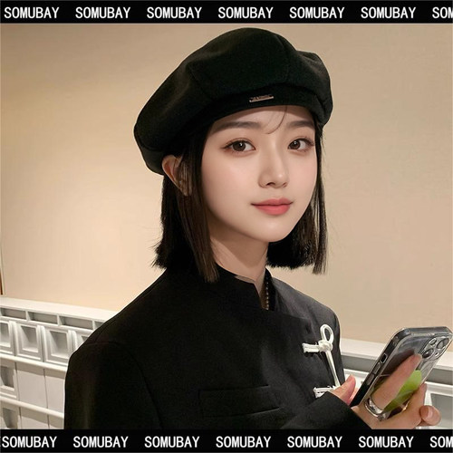 黑色贝雷帽女秋冬显脸小洋气帽子