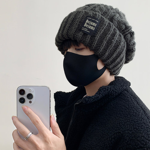 帽子男士秋冬毛线帽保暖百搭套头冷帽宽松大头围显脸小针织包头帽