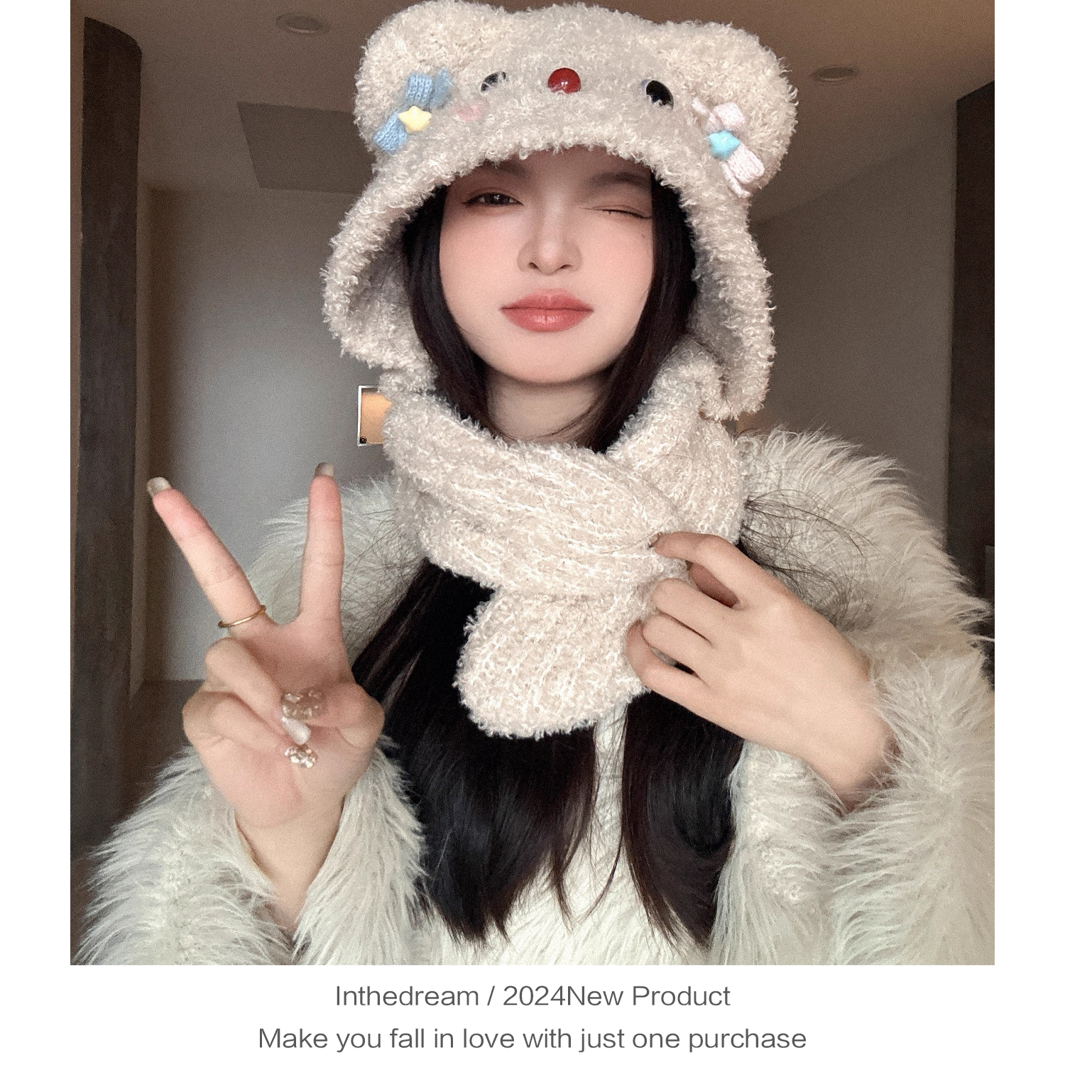 甜美可爱蝴蝶结小熊耳朵毛线帽子