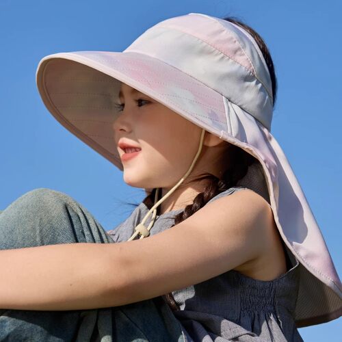 儿童防晒帽子大檐渔夫帽夏季男女孩渐变色宝宝空顶披肩遮阳太阳帽