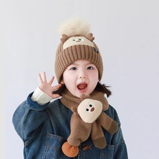 儿童帽子围巾两件套秋冬款婴儿针织毛线帽可爱卡通冬季保暖男女孩