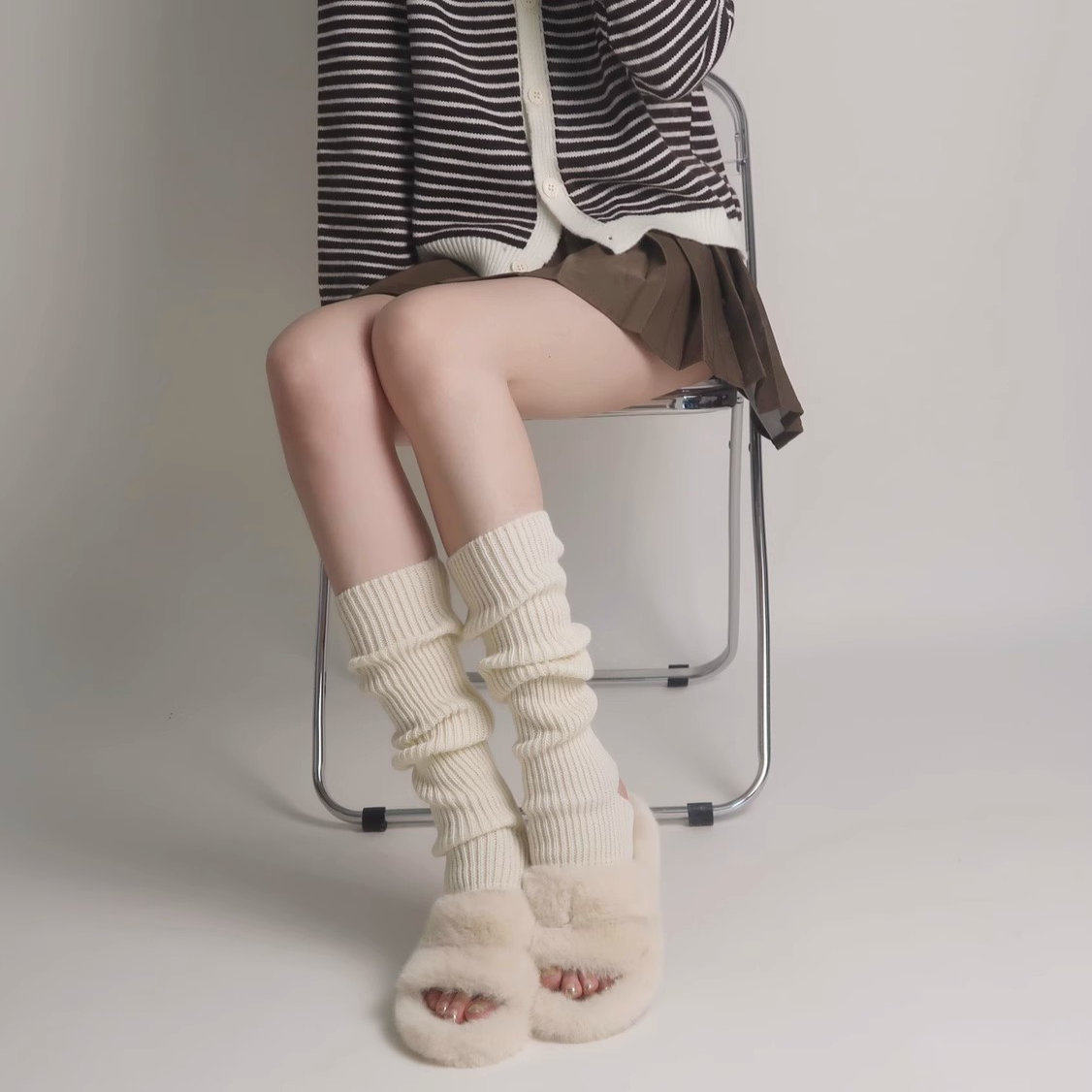 秋冬季日系针织袜套踩脚款奶油温柔风毛线堆堆袜护腿保暖小腿袜套