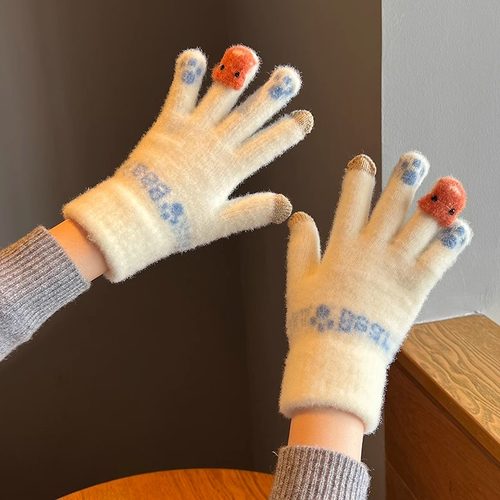 冬季新款手套女生可爱毛绒防冻触屏针织毛线学生加厚骑车防寒手套